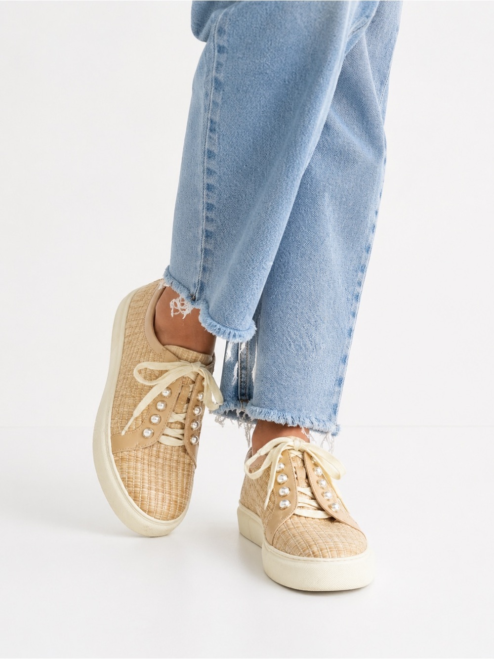 Alex Marie Beige Woven Sneakers with Pearl Accents